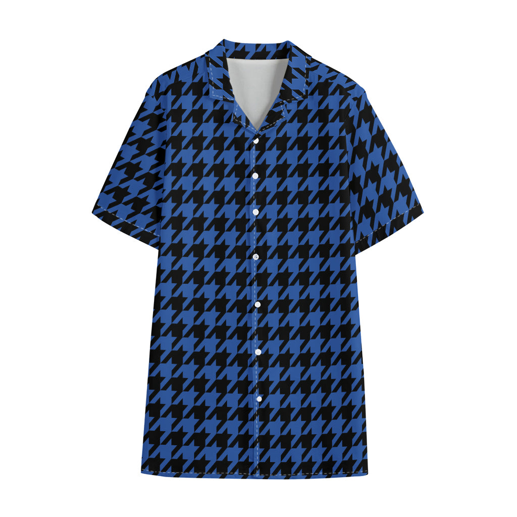 Blue And Black Houndstooth Print Cotton Hawaiian Shirt