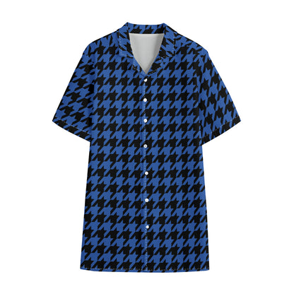 Blue And Black Houndstooth Print Cotton Hawaiian Shirt