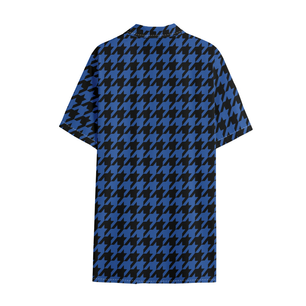 Blue And Black Houndstooth Print Cotton Hawaiian Shirt