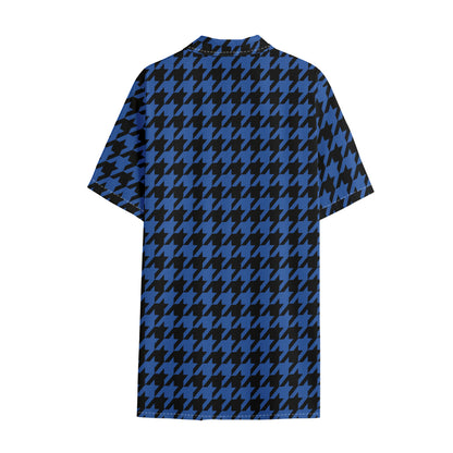 Blue And Black Houndstooth Print Cotton Hawaiian Shirt