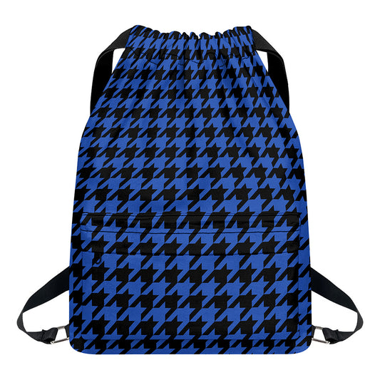 Blue And Black Houndstooth Print Drawstring Backpack