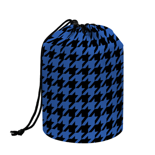 Blue And Black Houndstooth Print Drawstring Makeup Bag