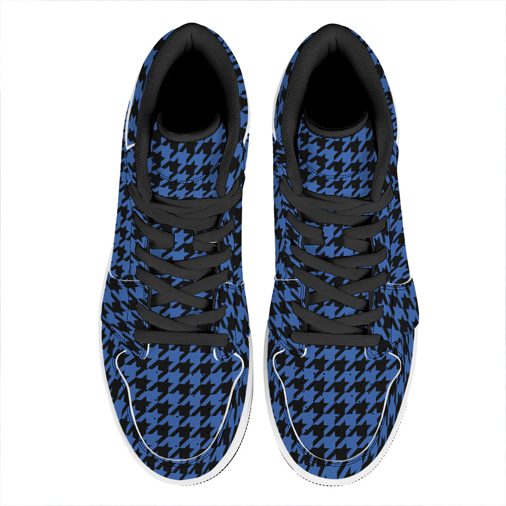Blue And Black Houndstooth Print High Top Leather Sneakers