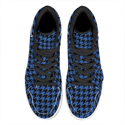 Blue And Black Houndstooth Print High Top Leather Sneakers