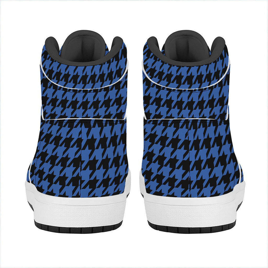 Blue And Black Houndstooth Print High Top Leather Sneakers