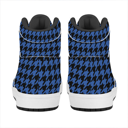 Blue And Black Houndstooth Print High Top Leather Sneakers
