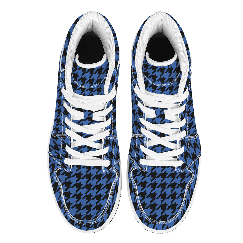 Blue And Black Houndstooth Print High Top Leather Sneakers
