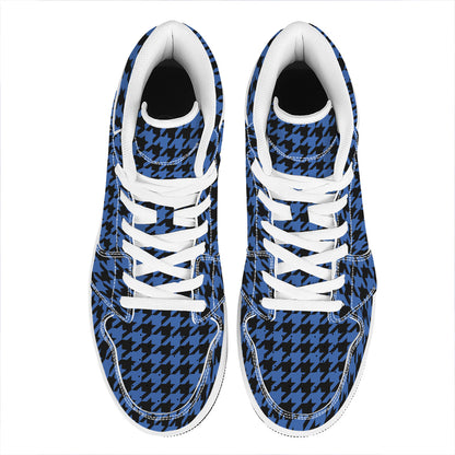 Blue And Black Houndstooth Print High Top Leather Sneakers