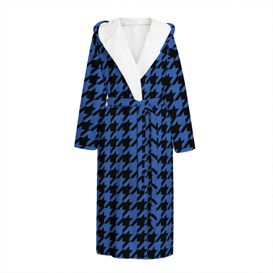 Blue And Black Houndstooth Print Hooded Bathrobe