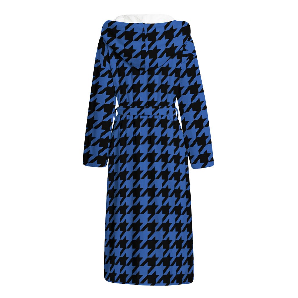 Blue And Black Houndstooth Print Hooded Bathrobe