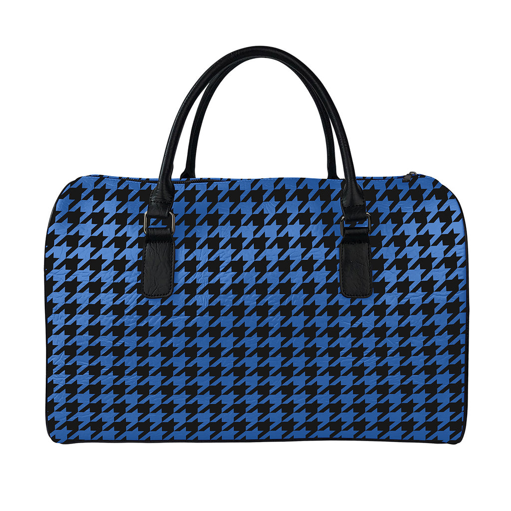 Blue And Black Houndstooth Print Leather Duffle Bag
