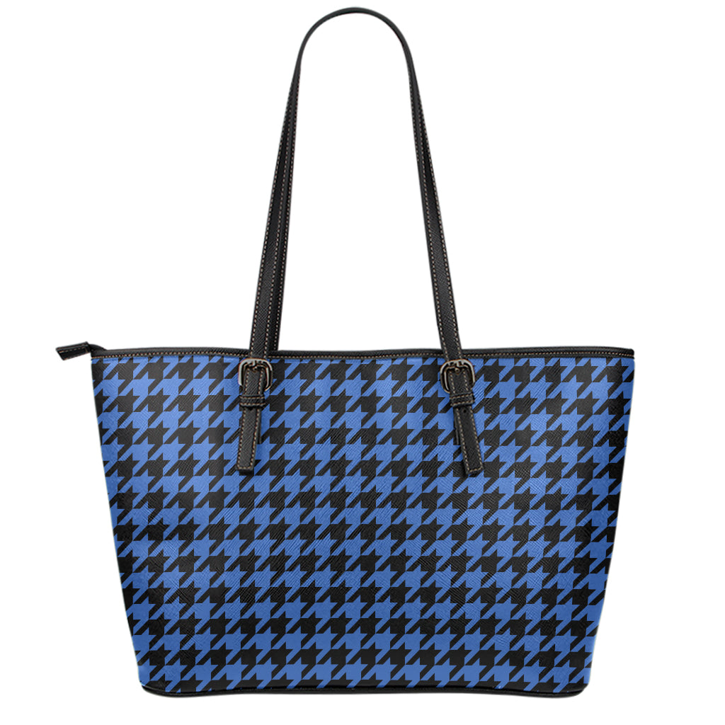 Blue And Black Houndstooth Print Leather Tote Bag