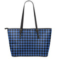 Blue And Black Houndstooth Print Leather Tote Bag With Zipper