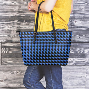 Blue And Black Houndstooth Print Leather Tote Bag