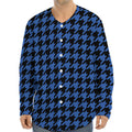 Blue And Black Houndstooth Print Long Sleeve Baseball Jersey