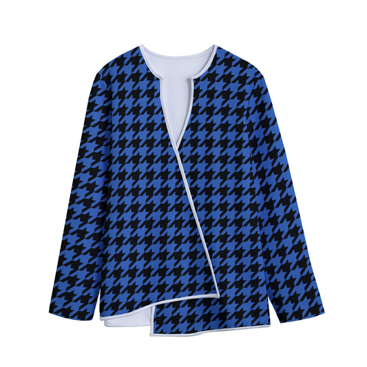 Blue And Black Houndstooth Print Long Sleeve Short Coat