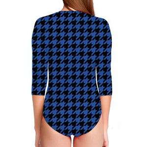 Blue And Black Houndstooth Print Long Sleeve Swimsuit