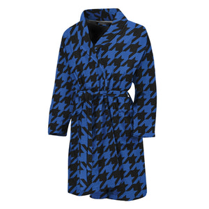 Blue And Black Houndstooth Print Men's Bathrobe