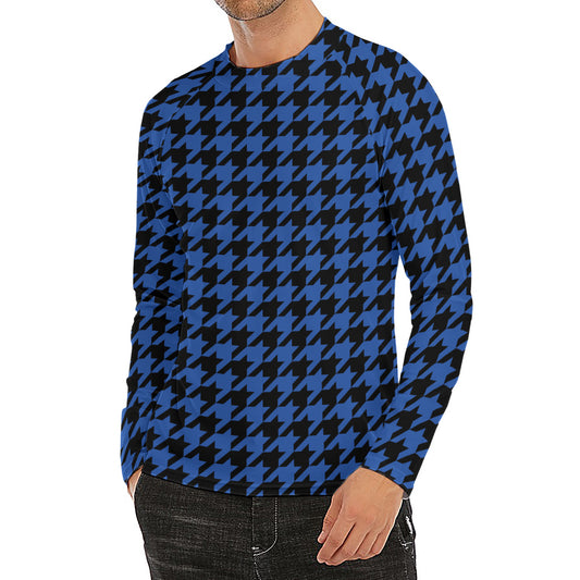 Blue And Black Houndstooth Print Men's Long Sleeve Rash Guard