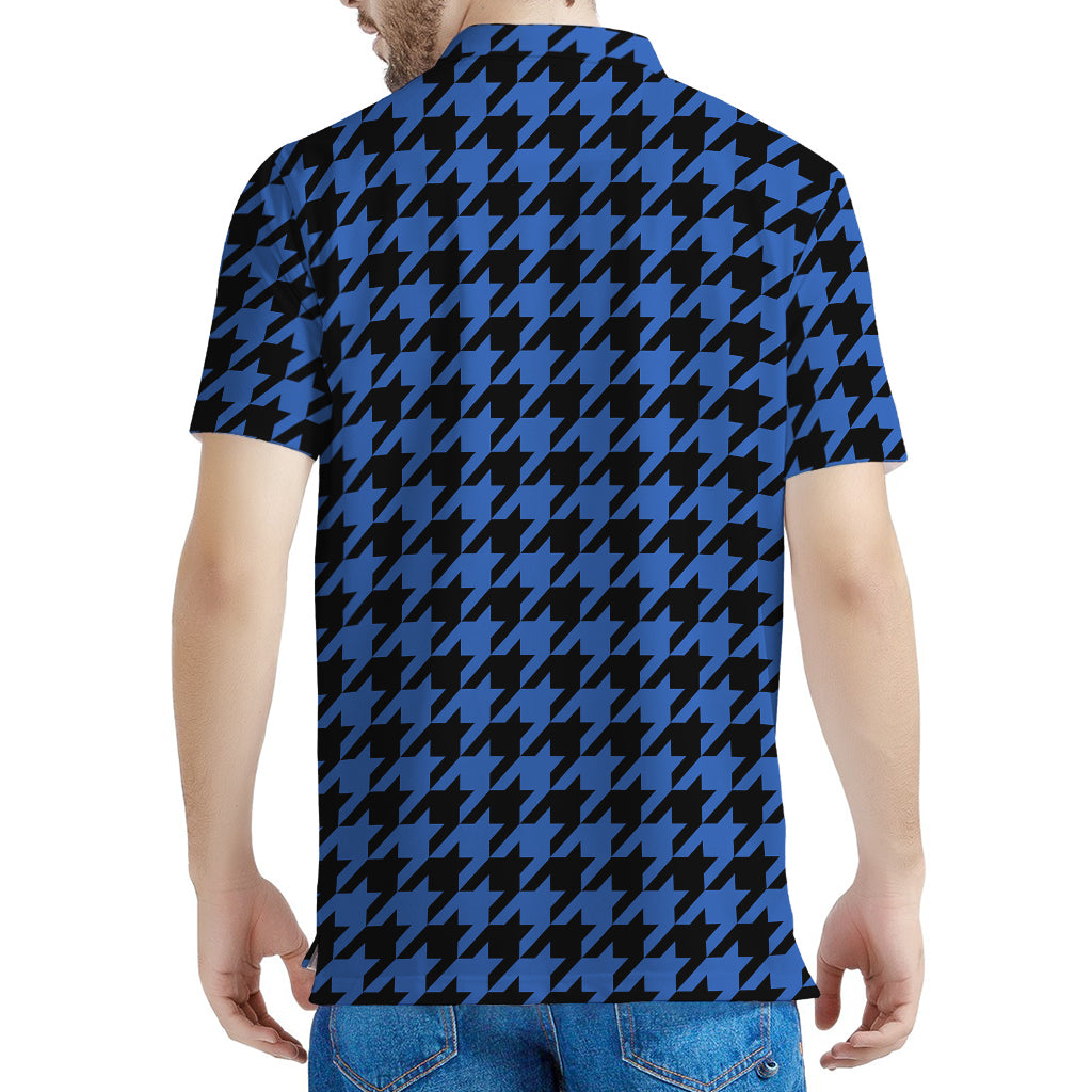 Blue And Black Houndstooth Print Men's Polo Shirt