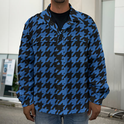 Blue And Black Houndstooth Print Men's Shirt Jacket