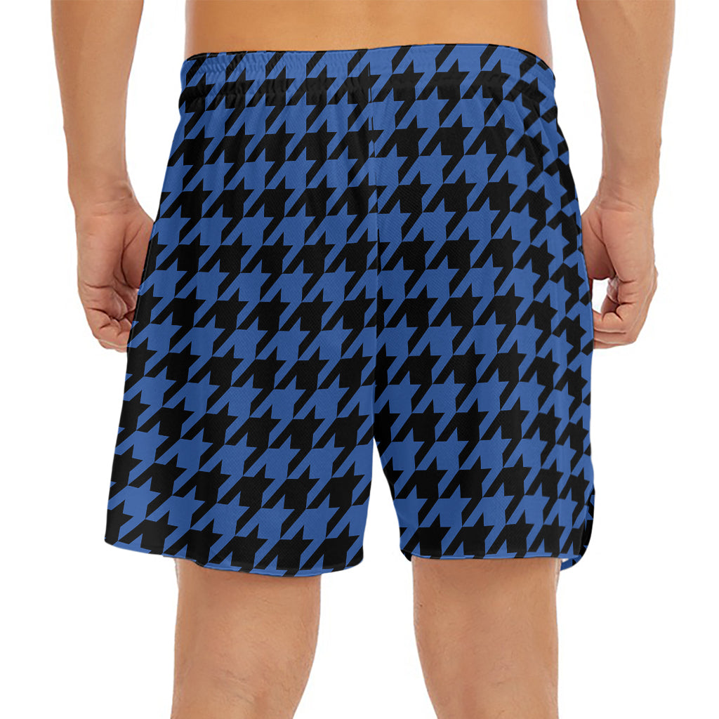 Blue And Black Houndstooth Print Men's Split Running Shorts