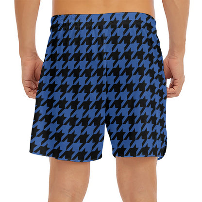 Blue And Black Houndstooth Print Men's Split Running Shorts