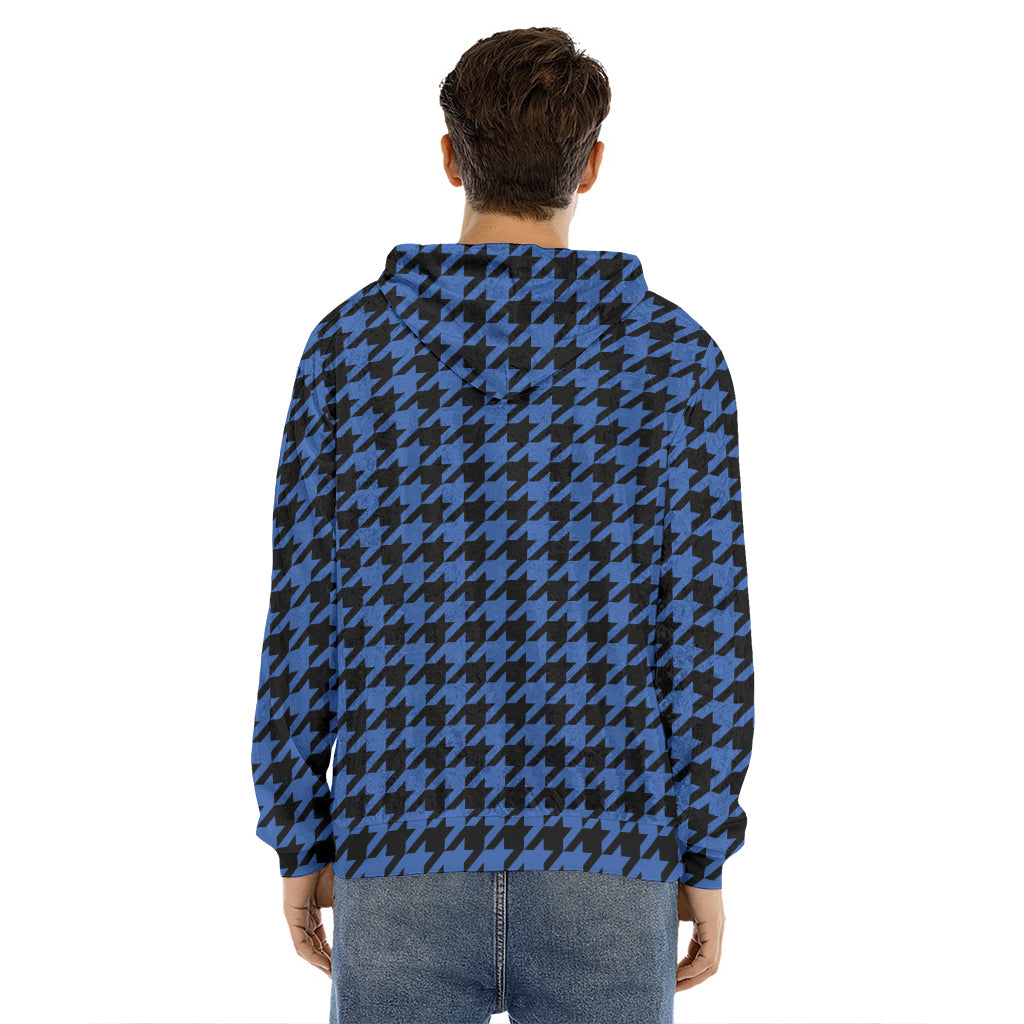 Blue And Black Houndstooth Print Men's Velvet Pullover Hoodie