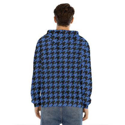 Blue And Black Houndstooth Print Men's Velvet Pullover Hoodie