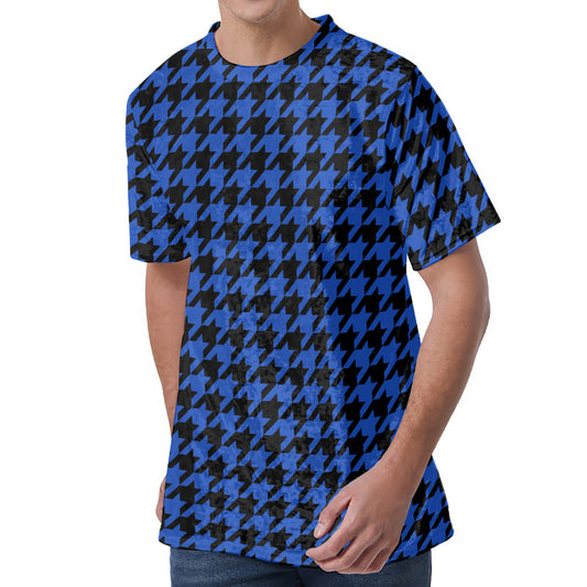 Blue And Black Houndstooth Print Men's Velvet T-Shirt