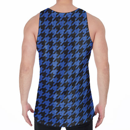 Blue And Black Houndstooth Print Men's Velvet Tank Top
