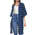 Blue And Black Houndstooth Print Open Front Beach Cover Up