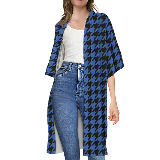 Blue And Black Houndstooth Print Open Front Beach Cover Up