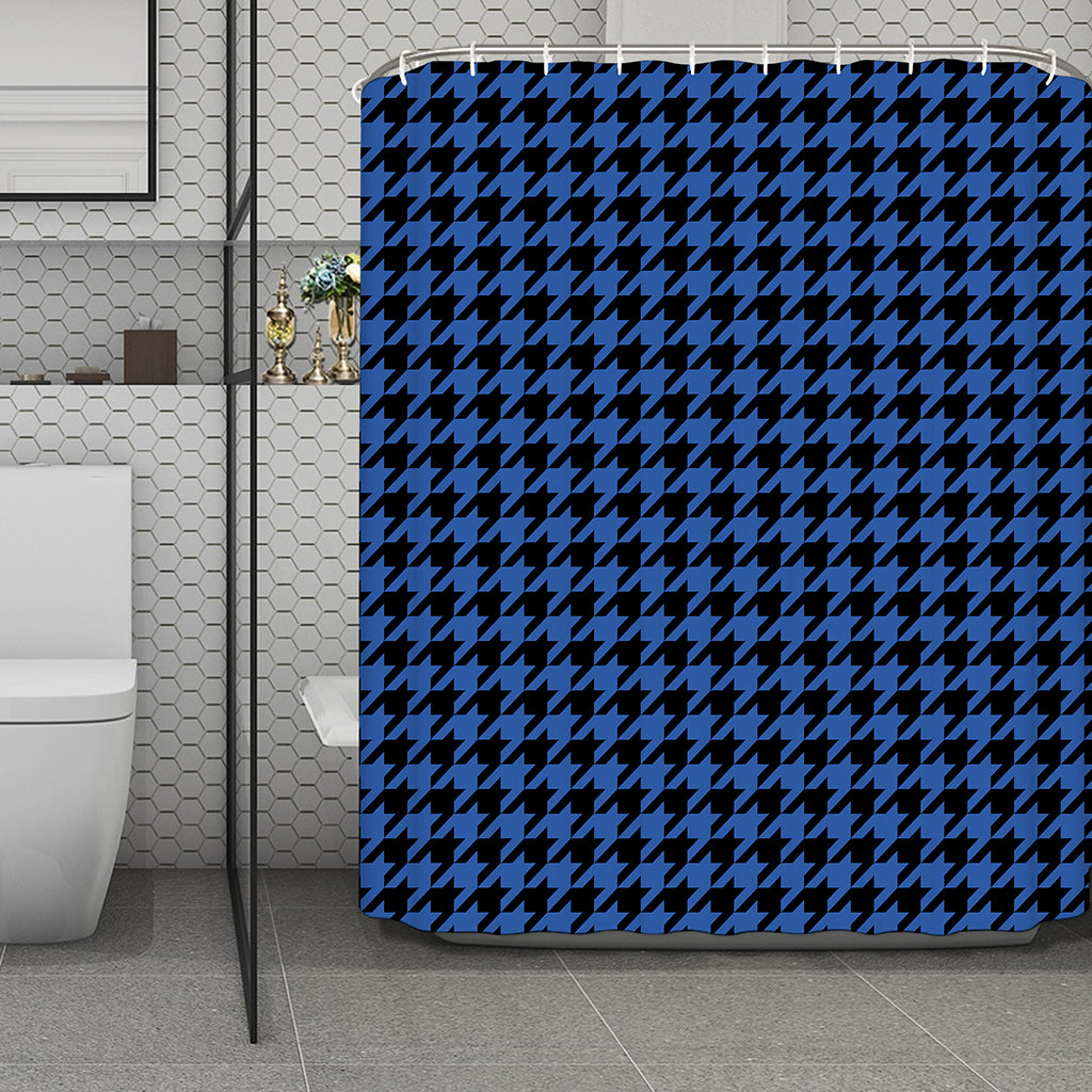 Blue And Black Houndstooth Print Polyester Shower Curtain