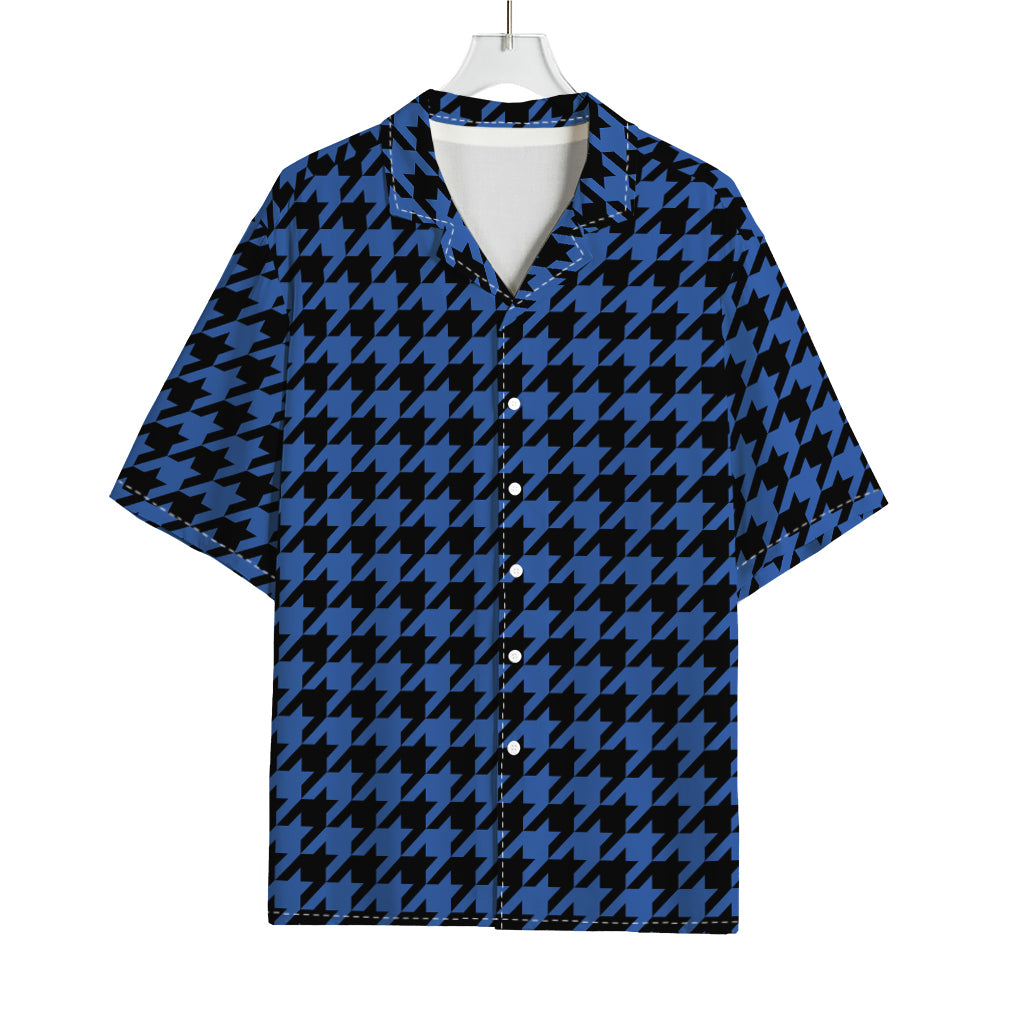 Blue And Black Houndstooth Print Rayon Hawaiian Shirt