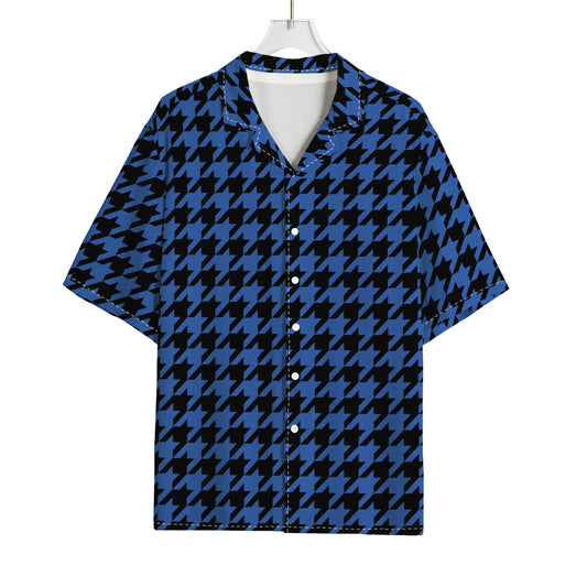 Blue And Black Houndstooth Print Rayon Hawaiian Shirt