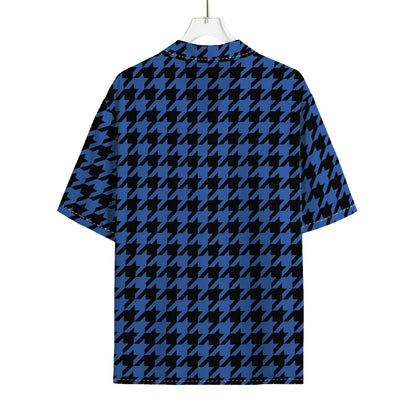 Blue And Black Houndstooth Print Rayon Hawaiian Shirt