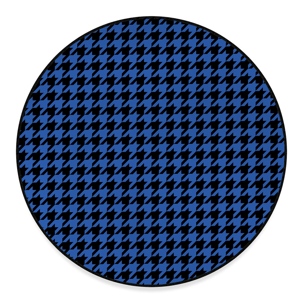 Blue And Black Houndstooth Print Round Floor Mat