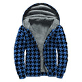 Blue And Black Houndstooth Print Sherpa Lined Zip Up Hoodie