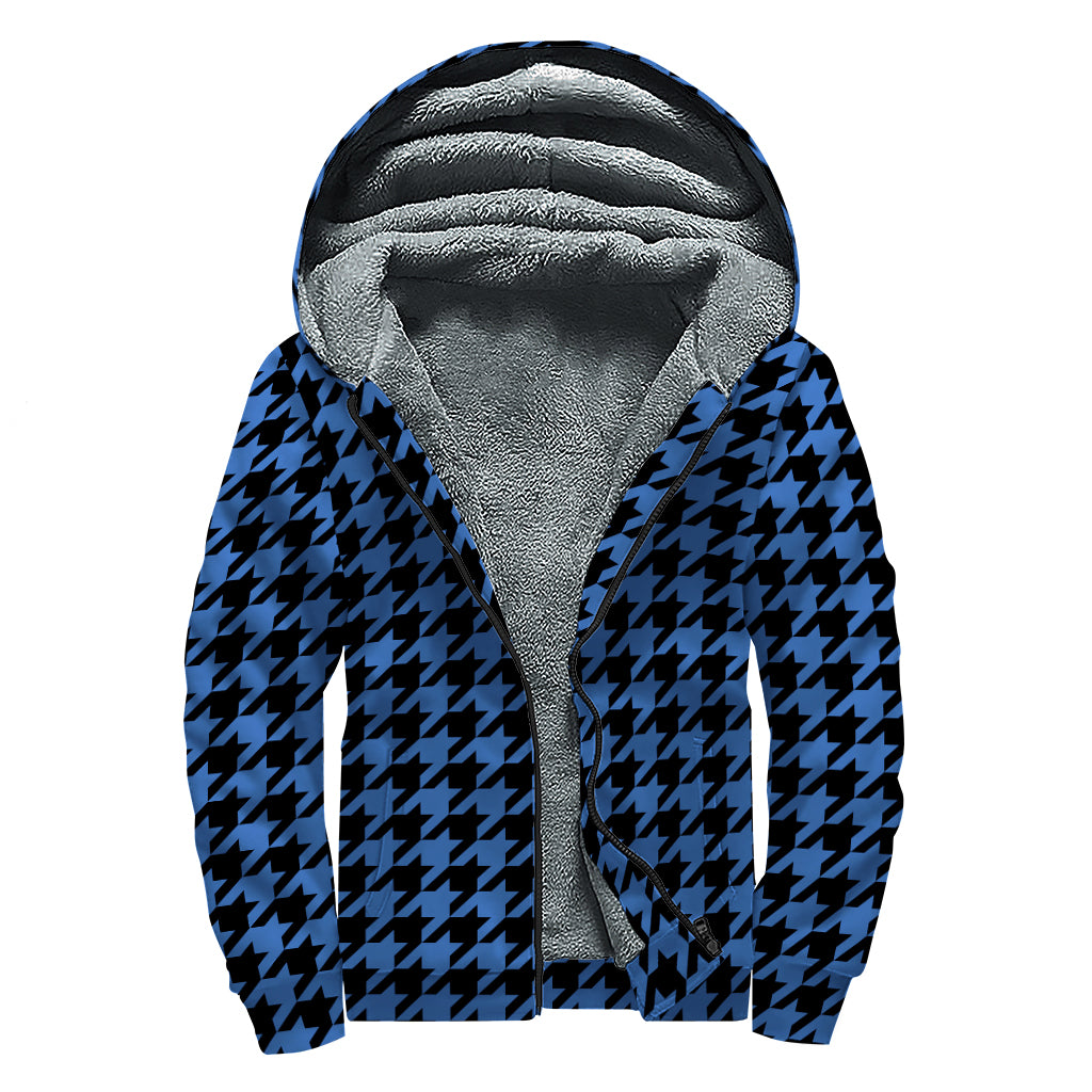 Blue And Black Houndstooth Print Sherpa Lined Zip Up Hoodie