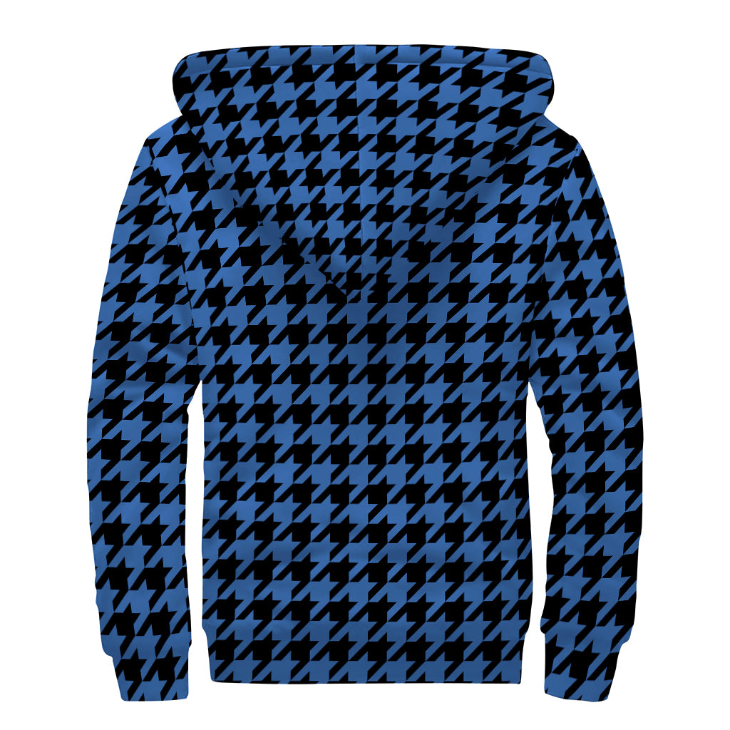 Blue And Black Houndstooth Print Sherpa Lined Zip Up Hoodie