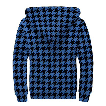 Blue And Black Houndstooth Print Sherpa Lined Zip Up Hoodie
