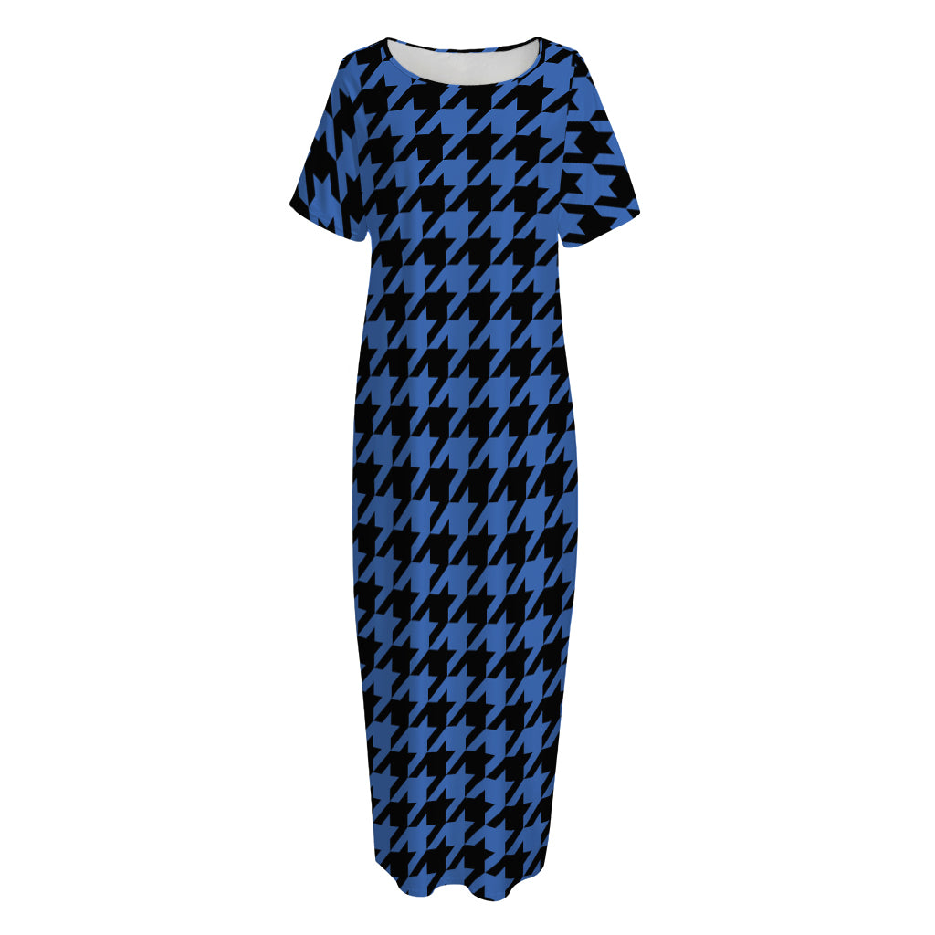 Blue And Black Houndstooth Print Short Sleeve Long Nightdress