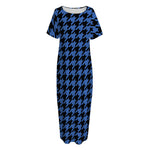 Blue And Black Houndstooth Print Short Sleeve Long Nightdress
