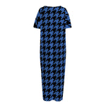 Blue And Black Houndstooth Print Short Sleeve Long Nightdress