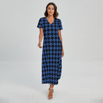 Blue And Black Houndstooth Print Short Sleeve Maxi Dress