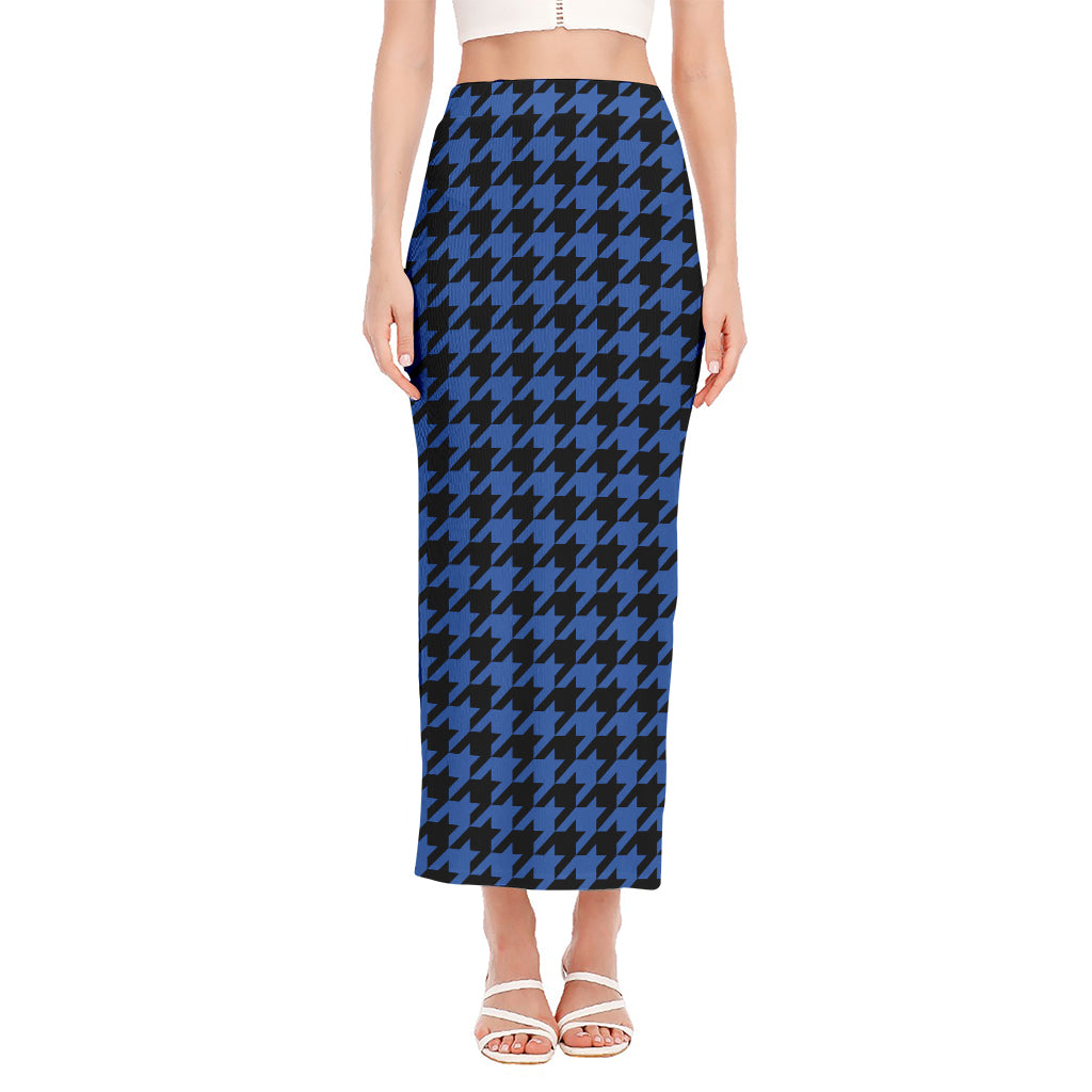Blue And Black Houndstooth Print Side Slit Maxi Skirt