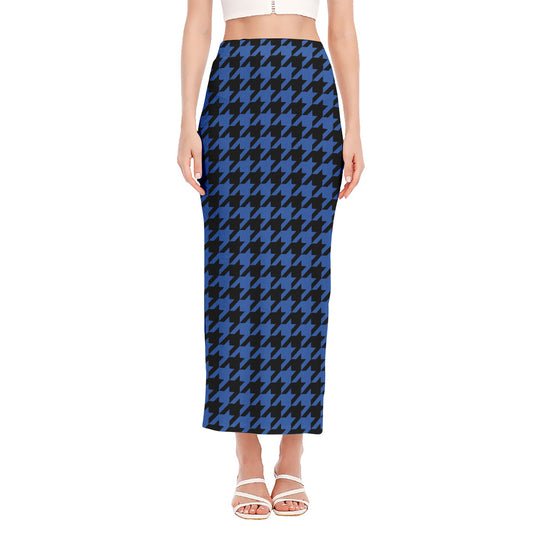 Blue And Black Houndstooth Print Side Slit Maxi Skirt