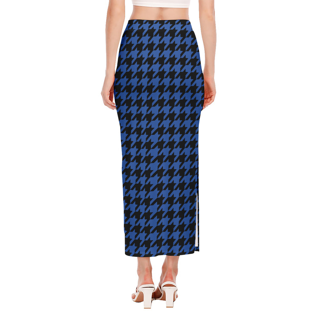 Blue And Black Houndstooth Print Side Slit Maxi Skirt