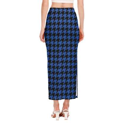 Blue And Black Houndstooth Print Side Slit Maxi Skirt